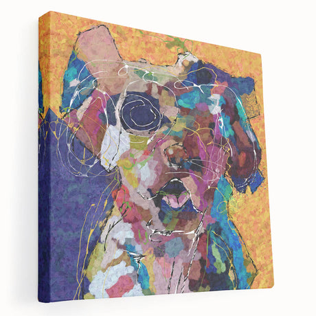 Stretched canvas wall art showcasing an abstract figurative design with vibrant colors and dynamic shapes, presented in a side view.