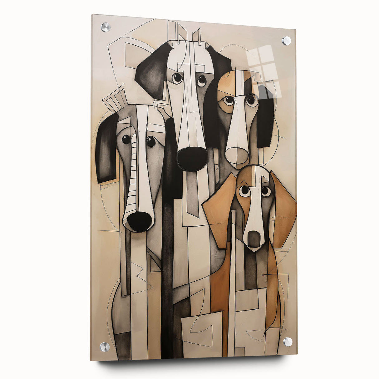Abstract figurative wall art collection displayed in acrylic glass, showcasing vibrant colors and unique pin attachments, ideal for modern decor.