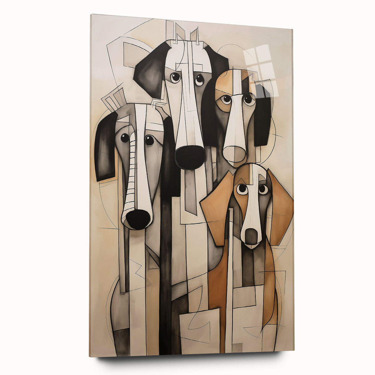 Abstract figurative wall art collection displayed in acrylic glass, showcasing vibrant colors and unique shapes, perfect for modern decor.
