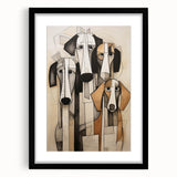 Framed abstract figurative wall art design featuring vibrant colors and dynamic shapes in a sleek black frame, ideal for modern decor.