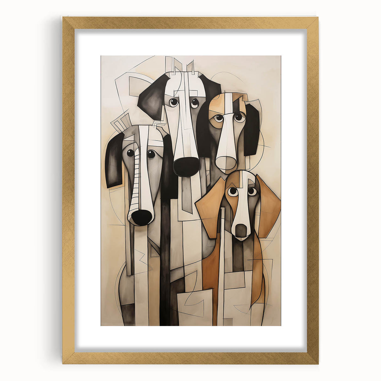 Framed abstract figurative wall art design showcasing a gold and white color scheme, elegantly matted for a modern home decor aesthetic.
