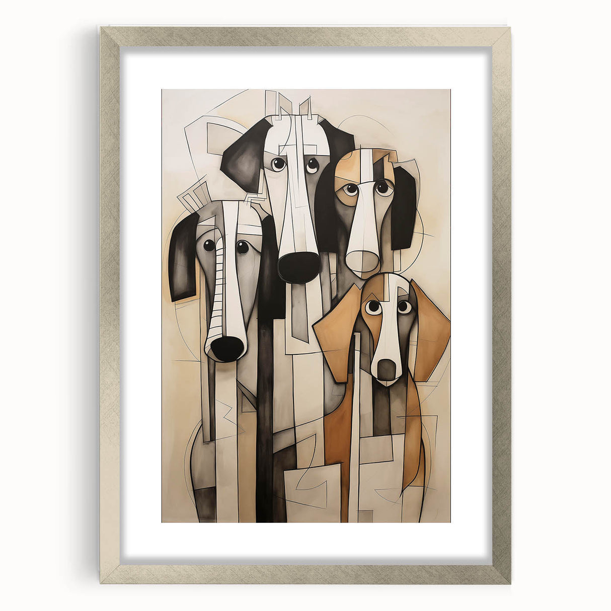 Framed abstract figurative wall art showcasing a striking design in silver, featuring a mat and modern aesthetic, ideal for contemporary decor.