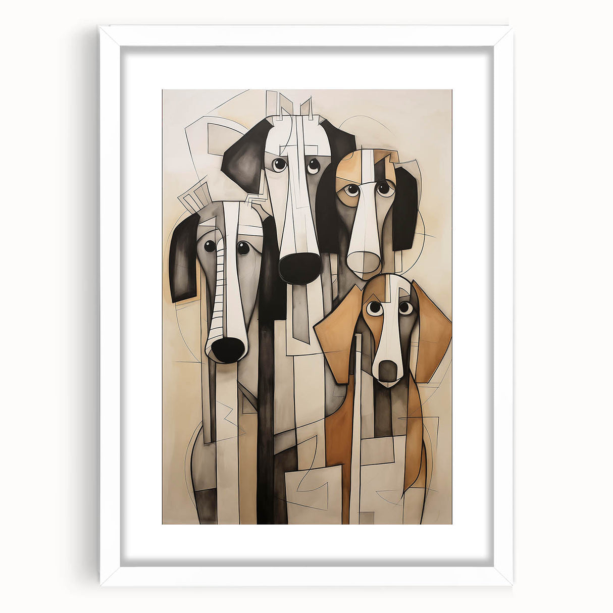 Abstract figurative wall art design in a white frame with a mat, showcasing vibrant colors and dynamic shapes, perfect for modern decor.