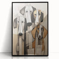 Framed abstract figurative wall art showcasing a vibrant design with bold colors and dynamic shapes, presented in a sleek black frame.