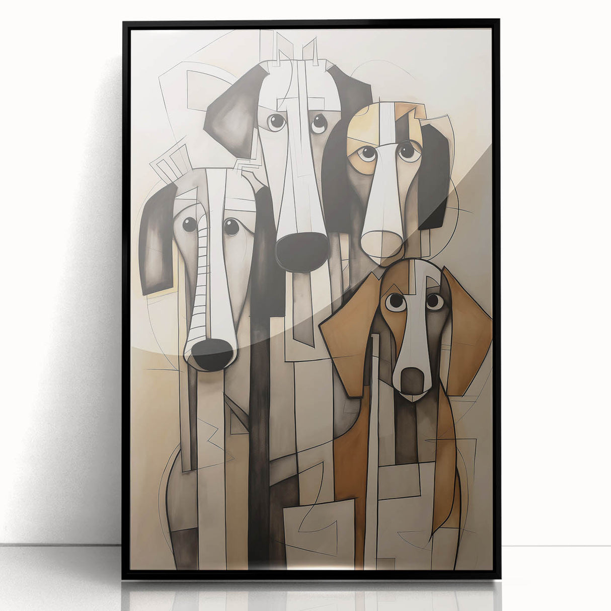 Framed abstract figurative wall art showcasing a vibrant design with bold colors and dynamic shapes, presented in a sleek black frame.