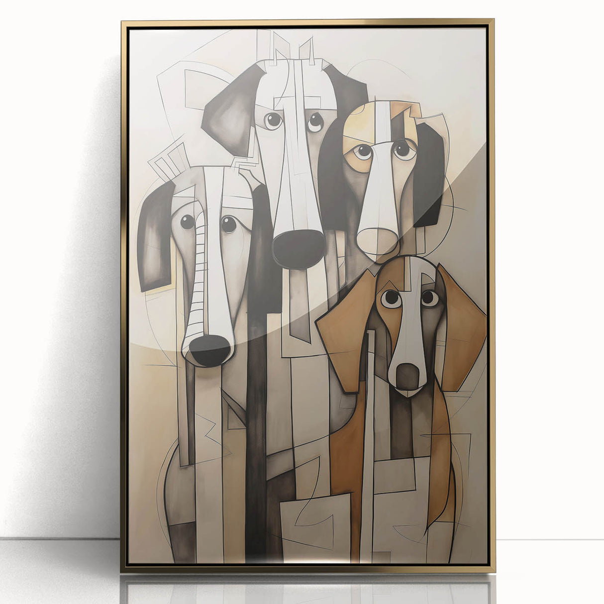 Framed abstract figurative wall art in gold, showcasing a modern design with fluid shapes and vibrant colors, perfect for contemporary decor.