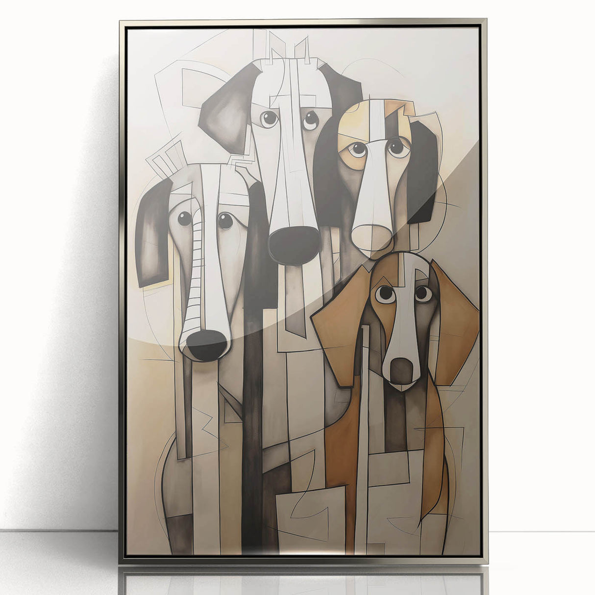Framed abstract figurative wall art in silver, showcasing a modern design with fluid shapes and vibrant colors, enhancing contemporary decor.