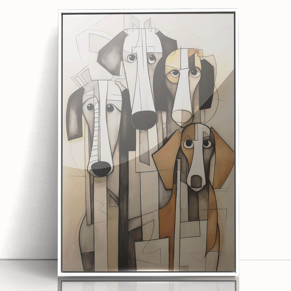 Framed abstract figurative wall art collection, showcasing vibrant colors and modern design elements, displayed in a sleek white frame.