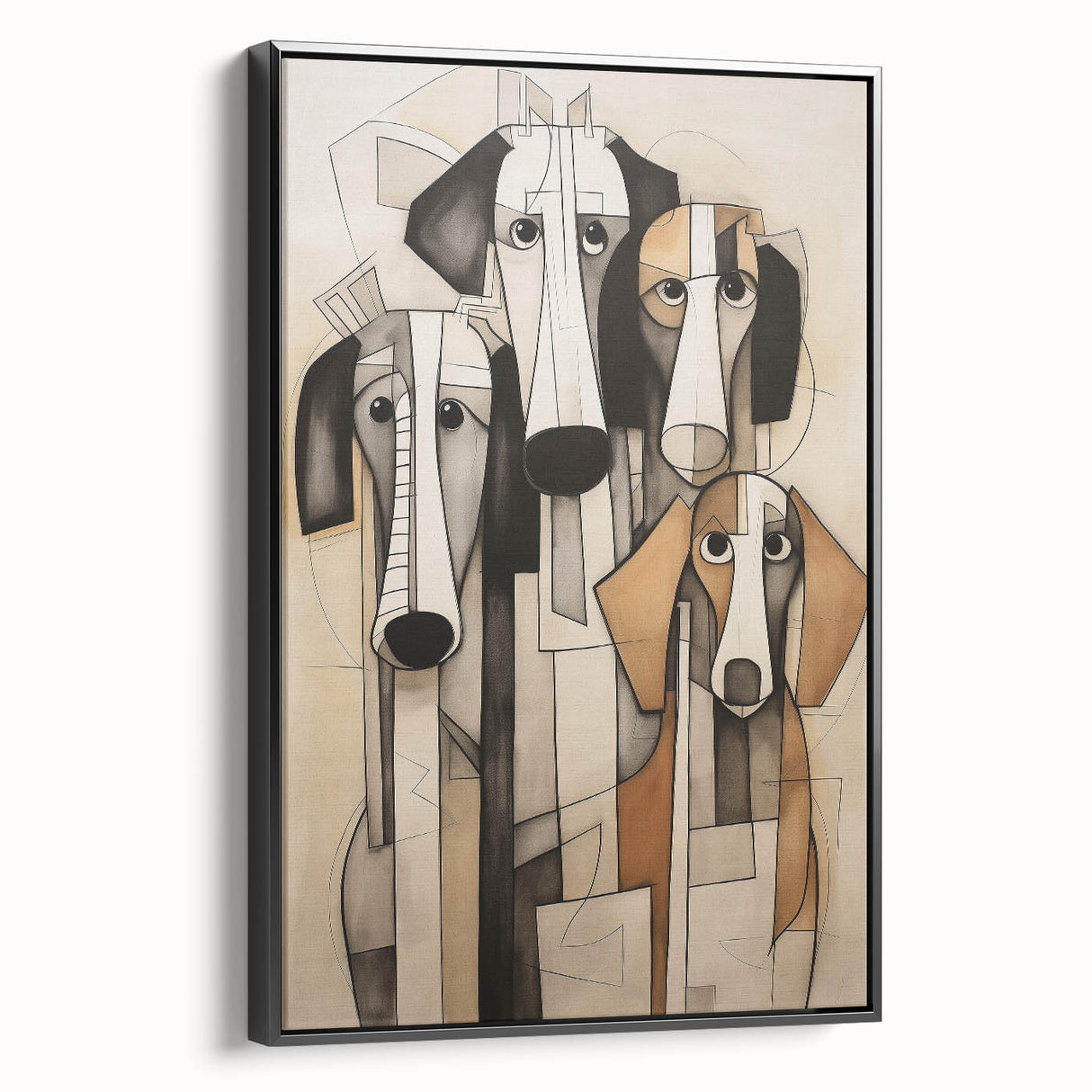 Framed abstract figurative wall art featuring a colorful design on a black background, showcasing unique shapes and textures from a side view.