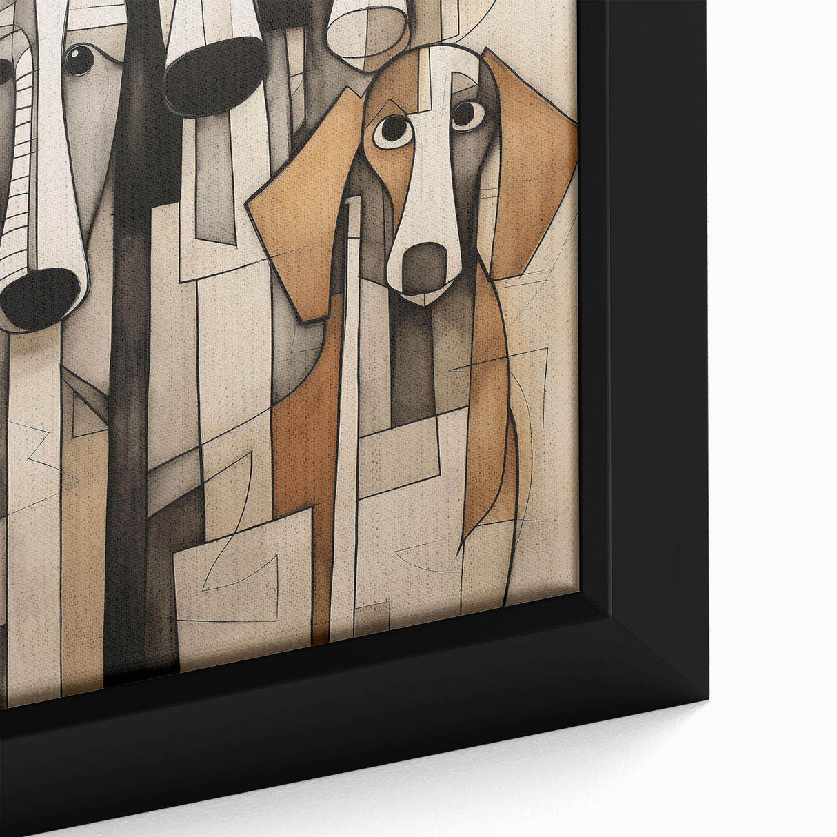 Framed close-up of abstract figurative wall art featuring vibrant colors and dynamic shapes, perfect for modern home decor.