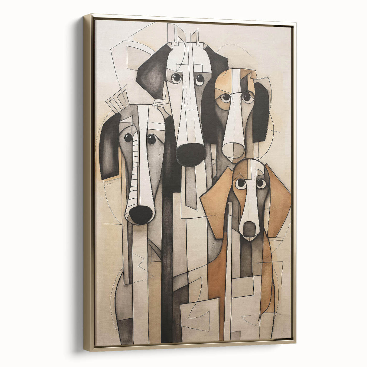Framed abstract figurative wall art featuring a gold color palette and unique shapes, perfect for modern home decor and artistic expression.