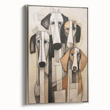 Framed abstract figurative wall art design in a sleek silver frame, showcasing vibrant colors and modern shapes, perfect for contemporary decor.