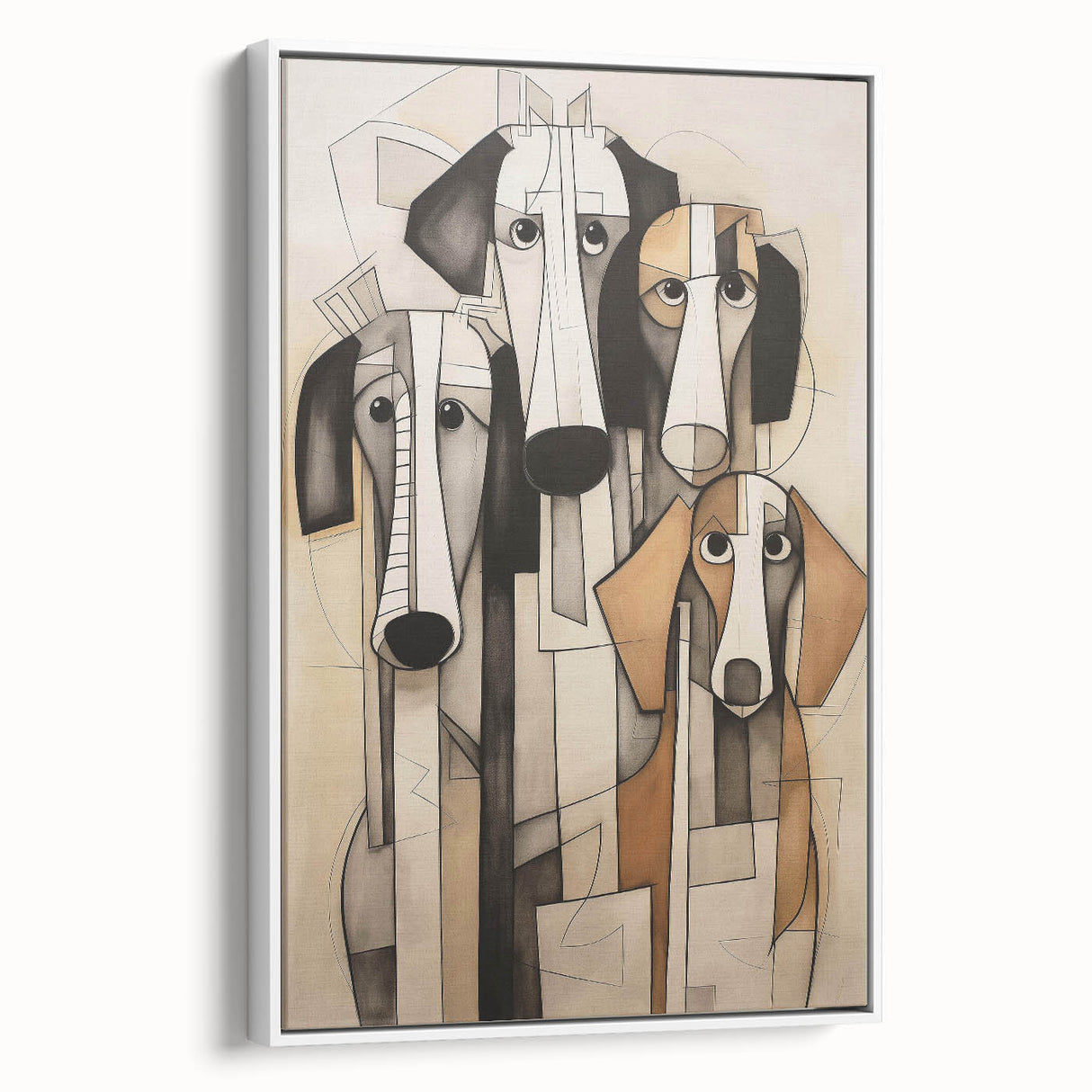 Framed abstract figurative wall art in a sleek white frame, showcasing colorful shapes and smooth lines, ideal for modern decor.