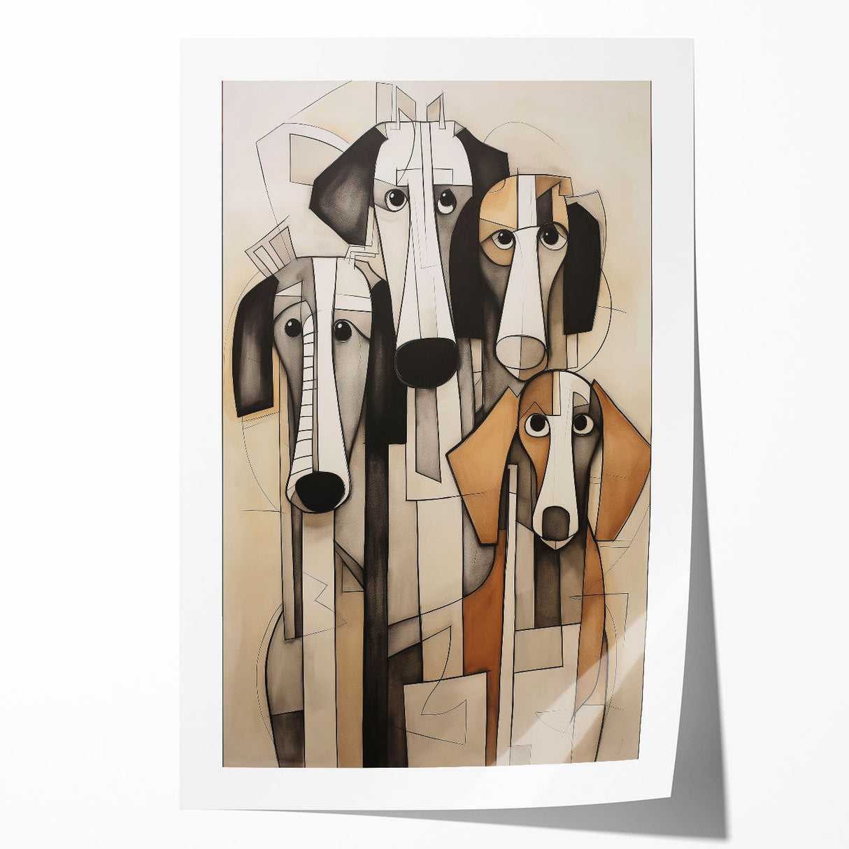 Abstract figurative wall art print showcasing vibrant colors and dynamic shapes, rolled for easy shipping and display in modern decor.