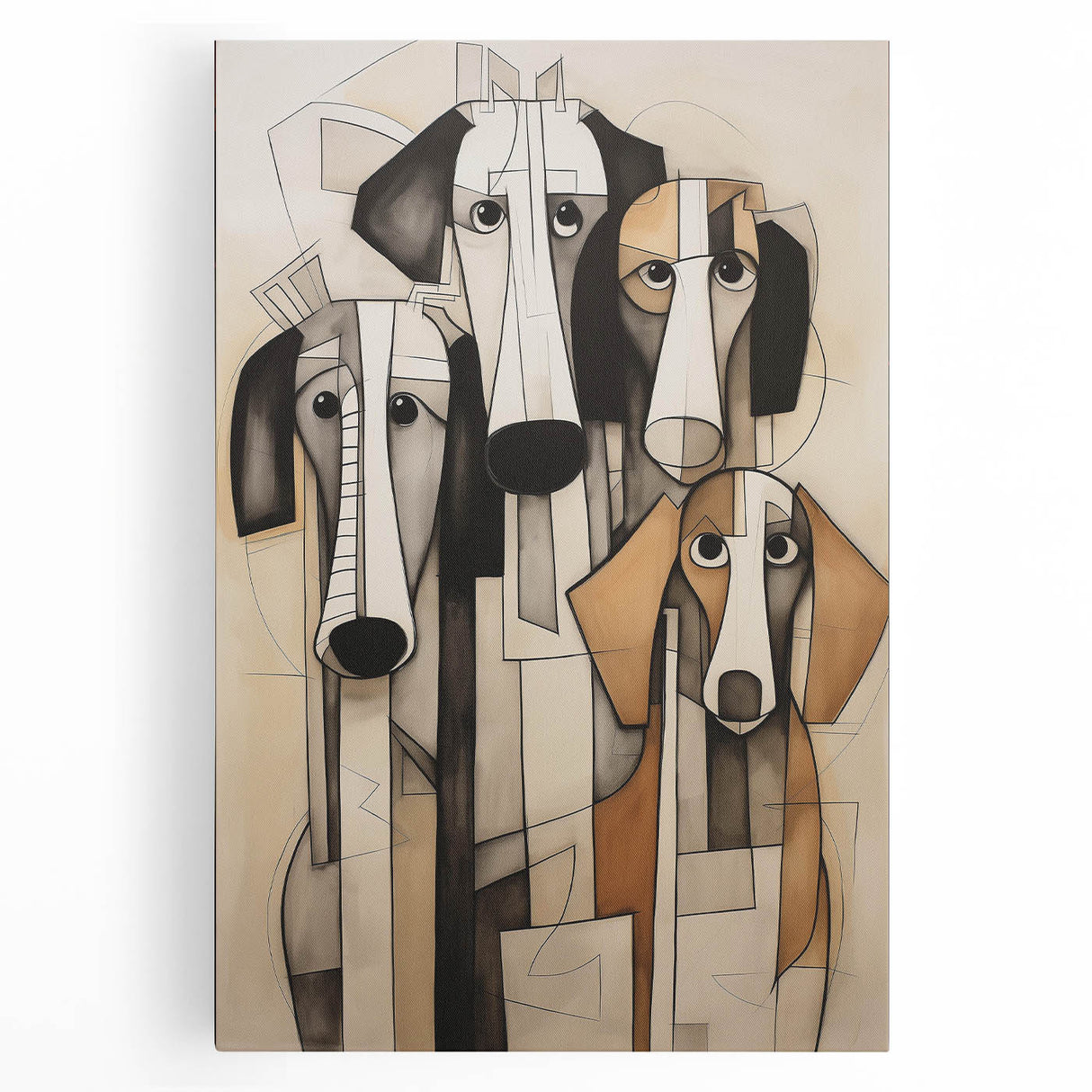 Abstract figurative wall art collection on stretched canvas, showcasing vibrant colors and dynamic shapes, perfect for modern home decor.
