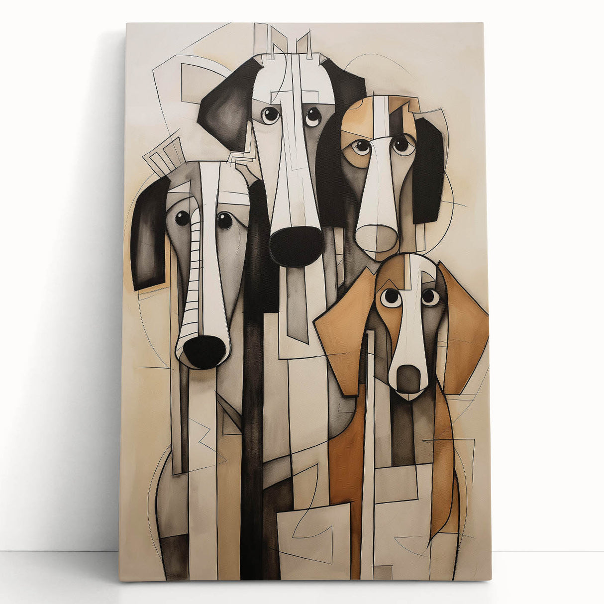 Abstract figurative wall art design on stretched canvas, featuring vibrant colors and dynamic shapes, perfect for modern home décor.