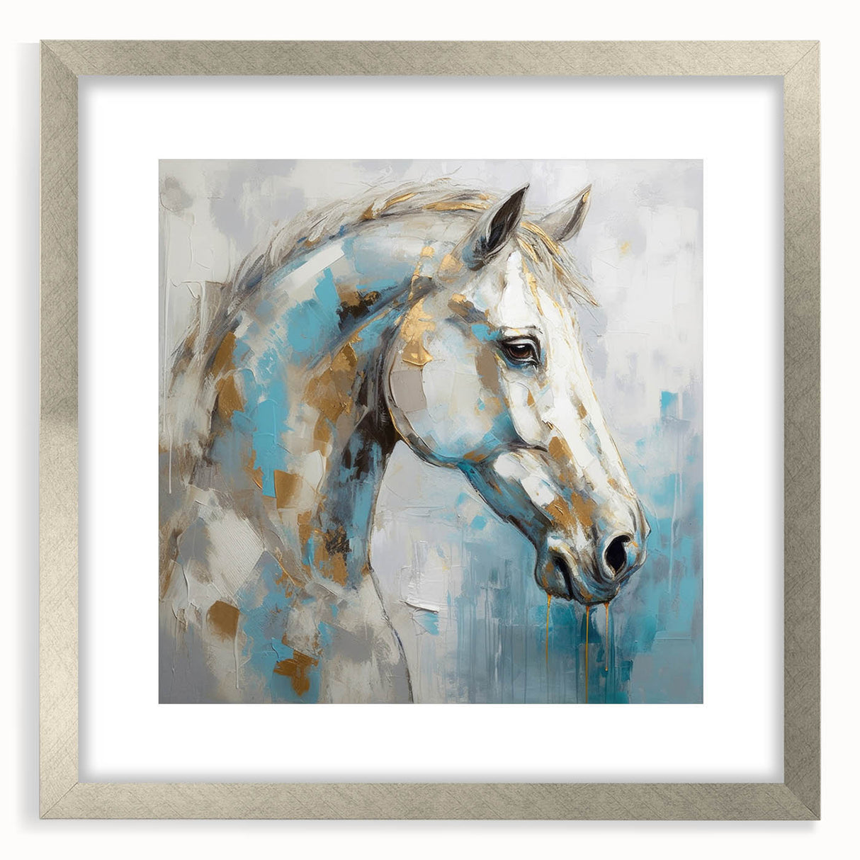 Framed abstract figurative wall art design showcasing vibrant colors and dynamic shapes, presented in a sleek silver frame with matting.