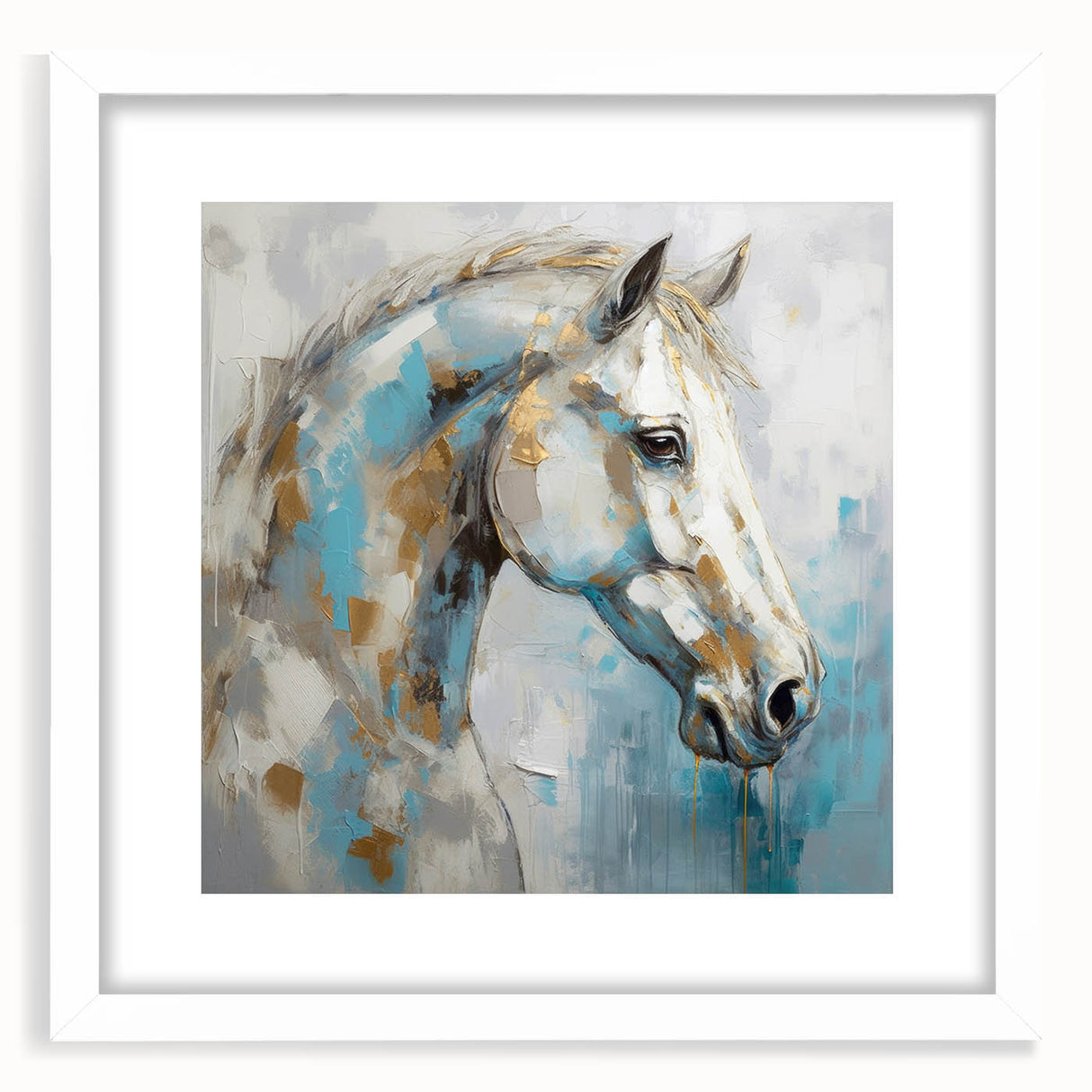 Framed abstract figurative wall art collection displaying vibrant colors and unique shapes, set in a sleek white frame with a mat.