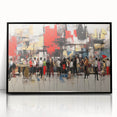 Framed abstract figurative wall art design with vibrant colors and unique shapes, showcasing an acrylic finish in a sleek black frame.