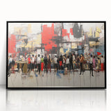 Framed abstract figurative wall art design with vibrant colors and unique shapes, showcasing an acrylic finish in a sleek black frame.