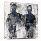 Abstract figurative wall art design showcasing vibrant colors and geometric shapes, displayed in an acrylic glass frame with pins for secure mounting.