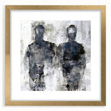 Framed abstract figurative wall art design featuring vibrant colors and gold accents, displayed front view with a white mat, perfect for modern decor.