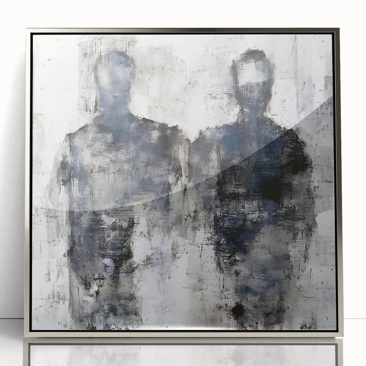 Framed abstract figurative wall art in silver, showcasing vibrant colors and dynamic shapes, perfect for modern home decor.