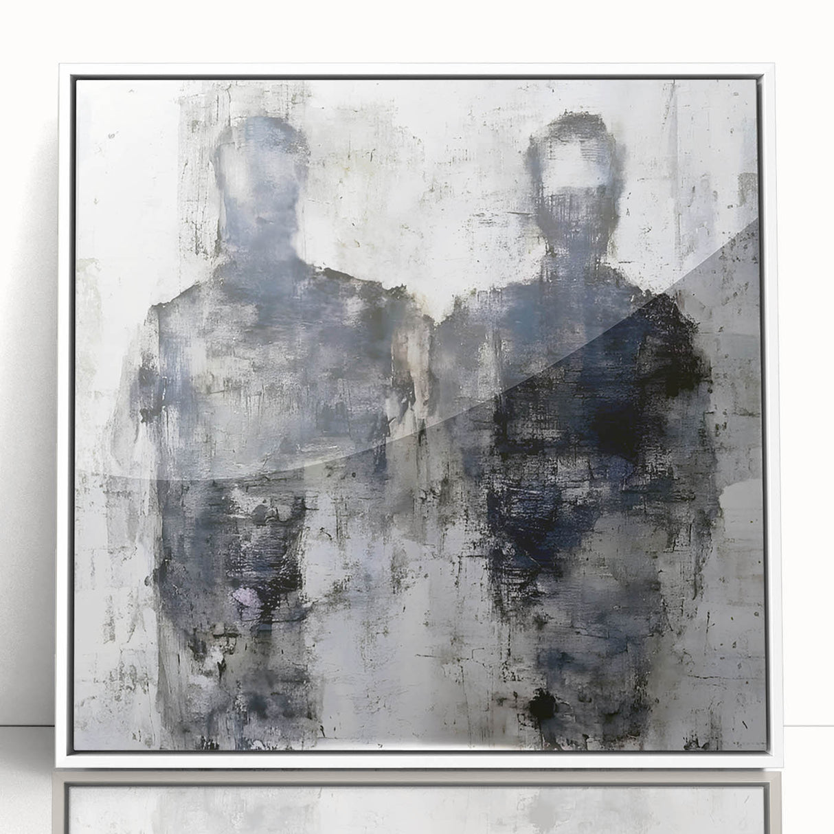 Framed abstract figurative wall art design showcasing vibrant colors and unique shapes, set in a sleek white frame for modern decor.