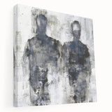 Side view of a stretched canvas wall art piece showcasing an abstract figurative design, featuring vibrant colors and dynamic shapes, ideal for modern decor.