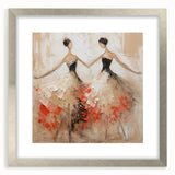 Framed abstract figurative wall art in a silver frame, showcasing vibrant colors and modern design elements, perfect for contemporary decor.