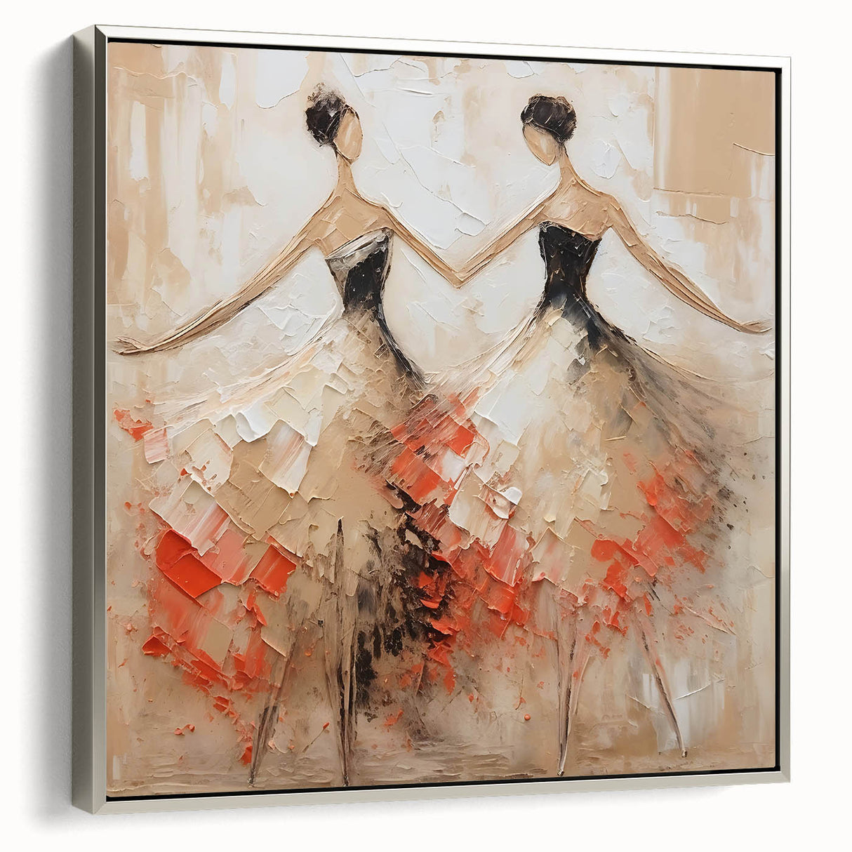 Framed abstract figurative wall art in silver, showcasing dynamic shapes and vibrant colors, perfect for modern home decor.