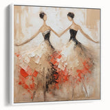 Framed abstract figurative wall art in a sleek white frame, showcasing vibrant colors and dynamic shapes, perfect for modern decor.