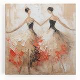 Abstract figurative wall art design on stretched canvas featuring vibrant colors and dynamic shapes, perfect for modern home decor.