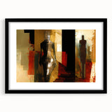 Abstract figurative wall art design in a black frame with a mat, showcasing vibrant colors and dynamic shapes, ideal for modern decor.