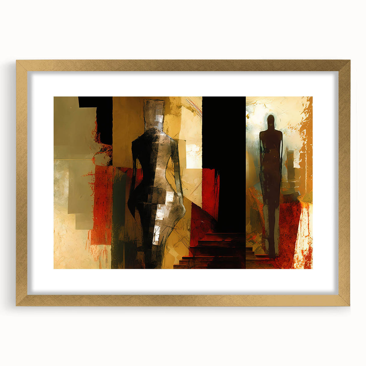 Elegant abstract figurative wall art design in a gold frame with mat, showcasing a modern aesthetic that enhances any home decor.