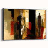 Framed abstract figurative wall art design showcasing vibrant colors and dynamic shapes, displayed in a sleek black frame, side view.