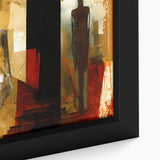 Close-up of a vibrant abstract figurative wall art piece, showcasing bold colors and dynamic shapes in a sleek black frame, ideal for modern decor.