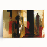 Abstract figurative design wall art collection displayed on a white wall, featuring vibrant colors and unique shapes in a modern stretched canvas format.