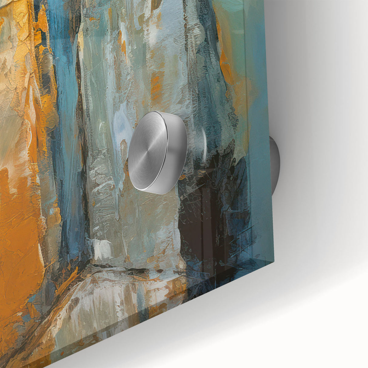 Close-up of a vibrant abstract figurative wall art piece, showcasing bold colors and fluid shapes in a sleek acrylic glass frame, perfect for modern decor.
