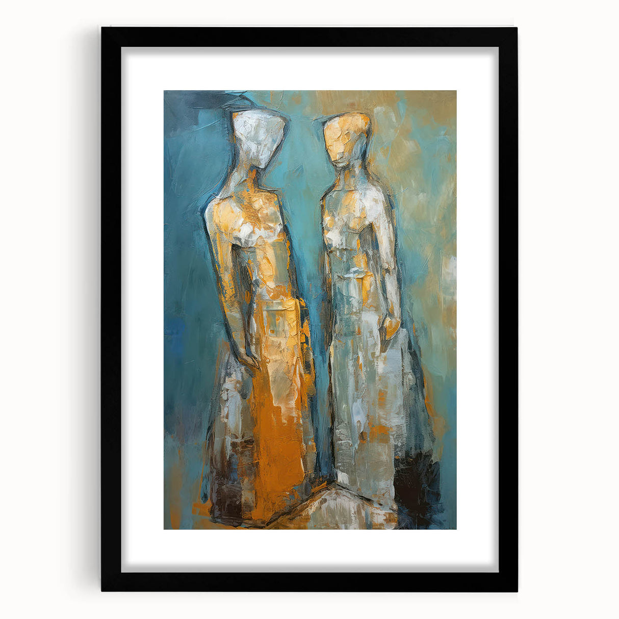 Abstract figurative wall art collection framed with a black matte finish, showcasing vibrant colors and modern design elements for stylish decor.