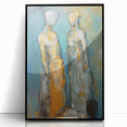 Framed abstract figurative wall art design featuring dynamic shapes and vibrant colors, showcased in a sleek black frame against a neutral background.