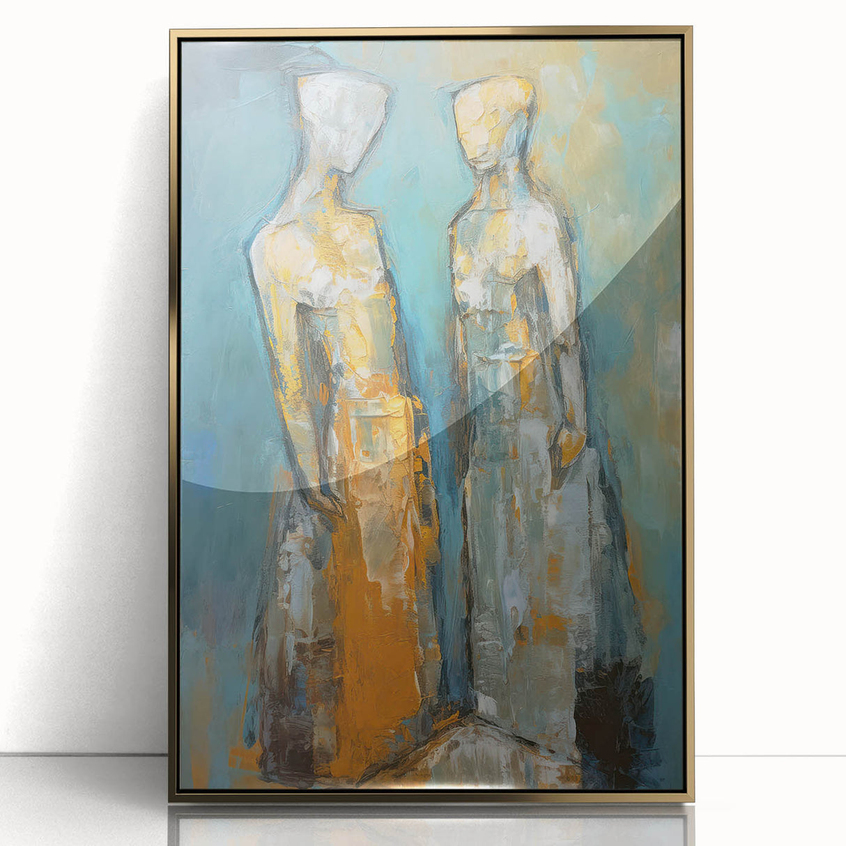 Framed abstract figurative wall art design in gold tones, showcasing modern elegance with intricate details and a sleek front view.