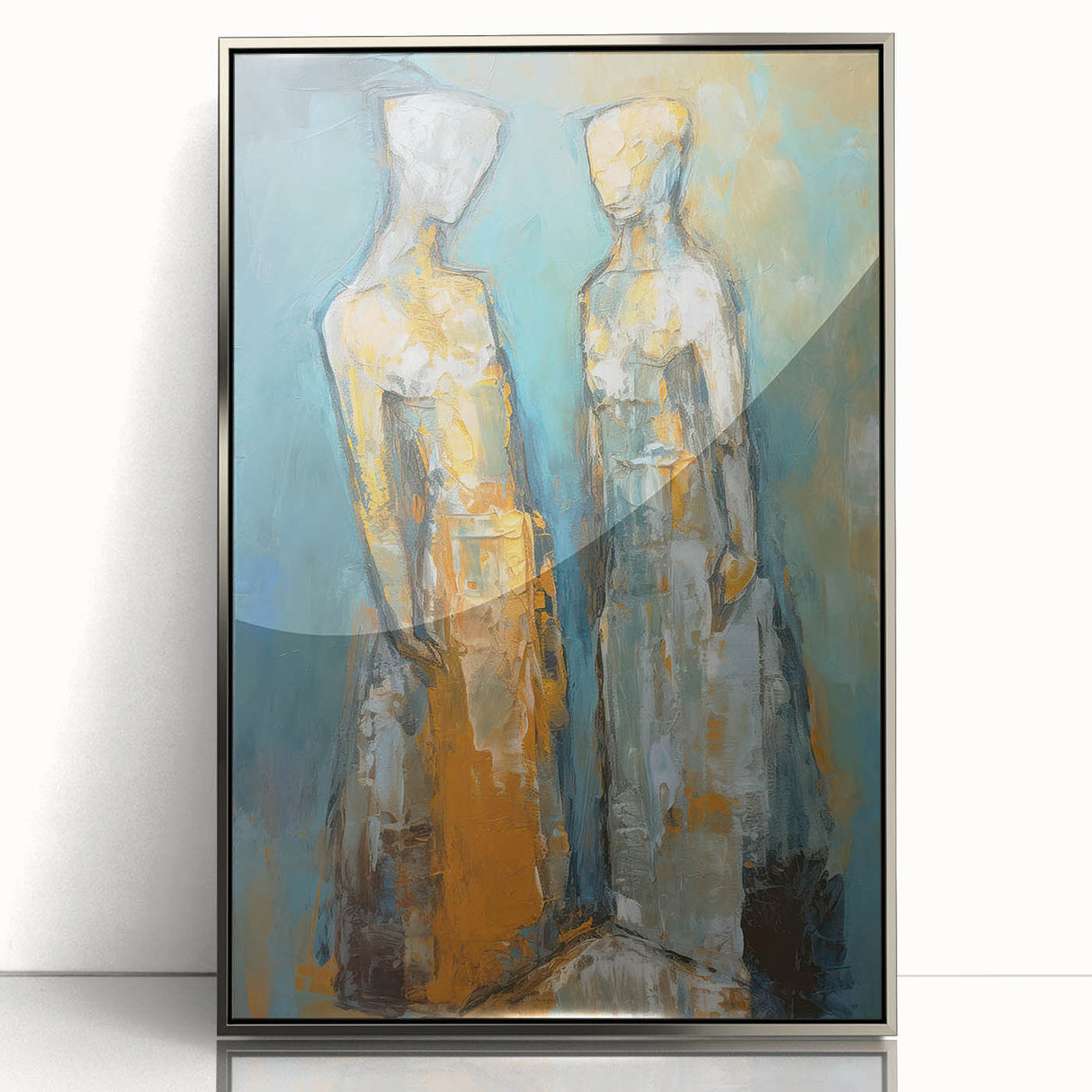 Framed abstract figurative wall art design in silver, showcasing fluid shapes and textures, ideal for modern home decor accents.