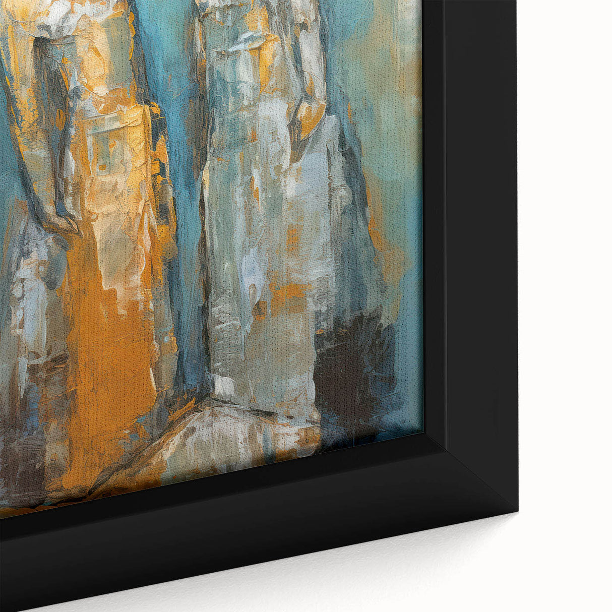Close-up of a framed abstract figurative wall art piece showcasing vibrant colors and dynamic shapes, perfect for modern decor.