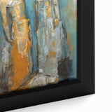 Close-up of a framed abstract figurative wall art piece showcasing vibrant colors and dynamic shapes, perfect for modern decor.