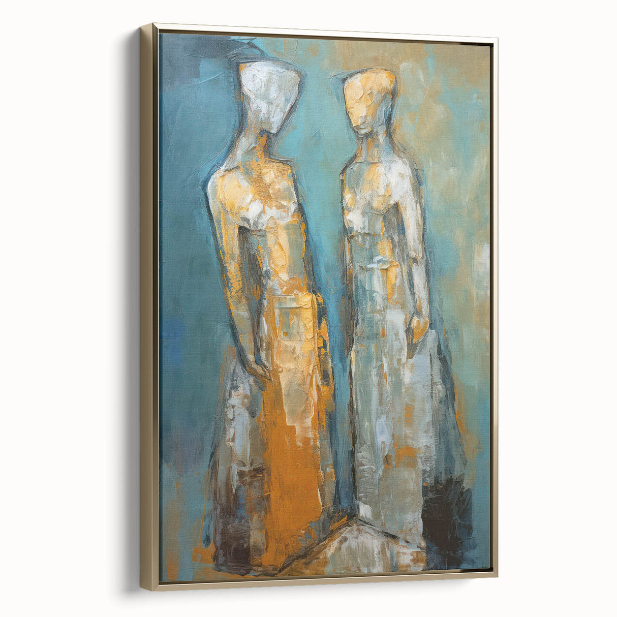 Elegant framed abstract figurative wall art showcasing a gold-accented design on canvas, displayed at an angle to highlight its sophisticated profile and rich textures.