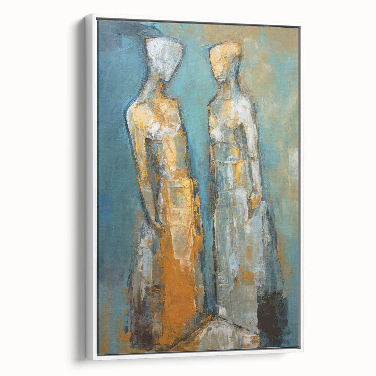 Framed abstract figurative wall art in a sleek white frame, showcasing vibrant colors and dynamic shapes, perfect for modern decor.