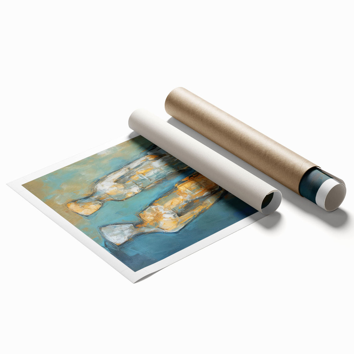 Abstract figurative wall art print showcasing vibrant colors and dynamic shapes, rolled for easy framing and display in modern decor.