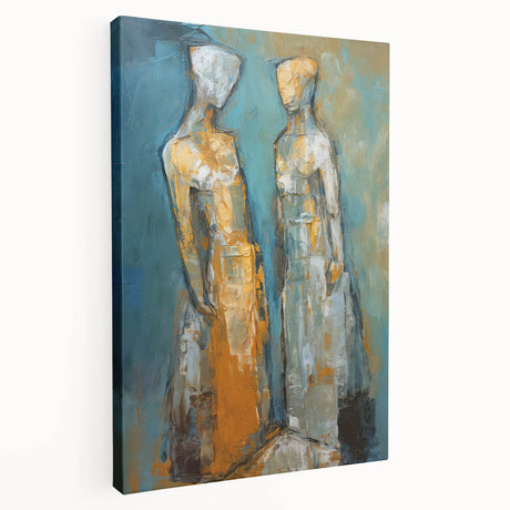 Abstract figurative wall art design in vibrant colors, showcasing a modern aesthetic on stretched canvas with a side view perspective.