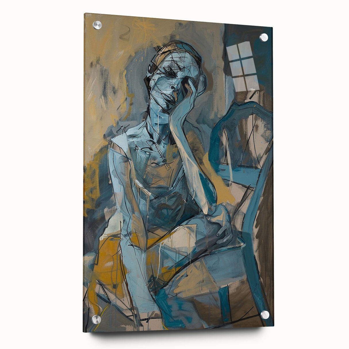 Abstract figurative wall art collection displayed in acrylic glass, showcasing vibrant colors and unique pin accents, ideal for modern decor.